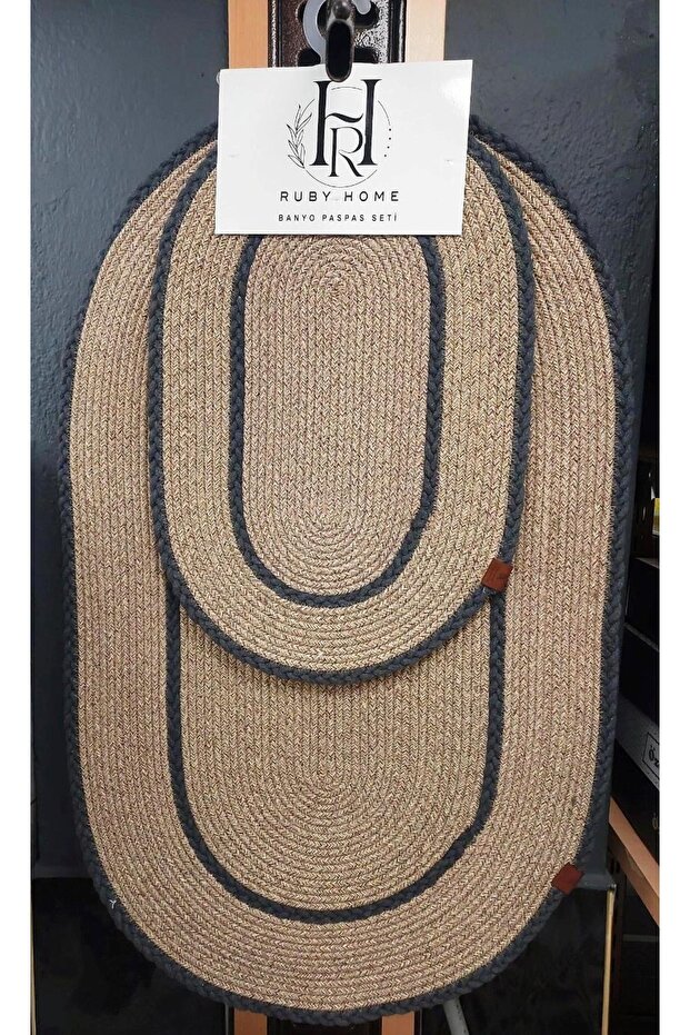 Jute Straw 2-Piece Luxury Bathroom Set Mat Set - Beige with Dark Gray Braided Edges