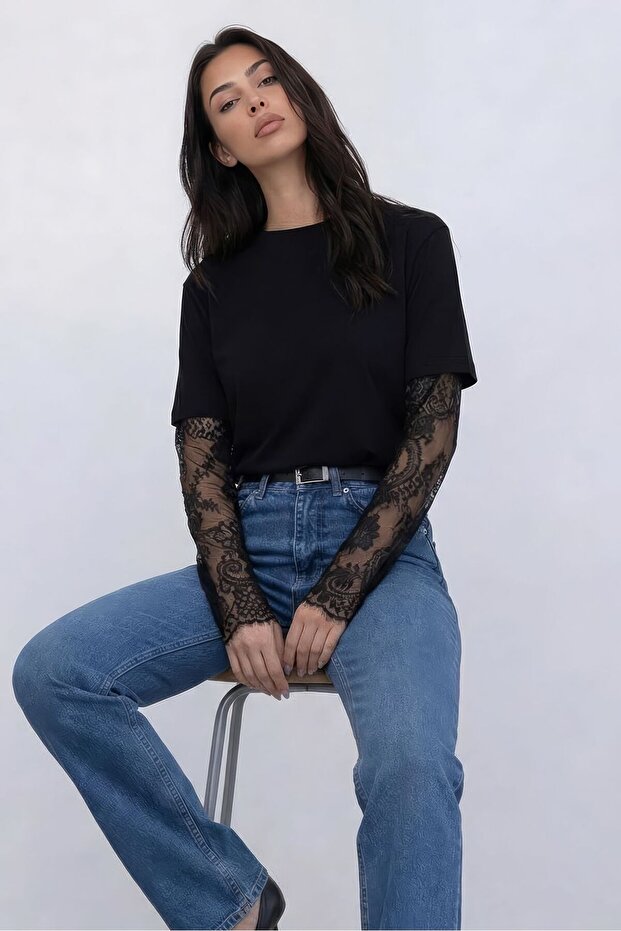 Lace Sleeve Crew Neck T-Shirt