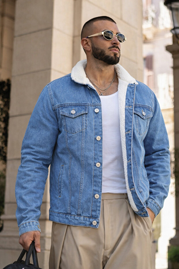 Men's Trendy Winter Slim Fit A.Blue Fleece-Lined Denim Jacket