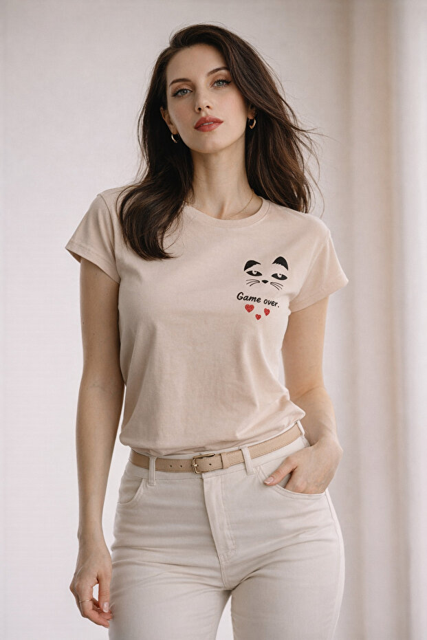 Women's Crew Neck Game over Cat Printed Regular Fit T-Shirt Beige
