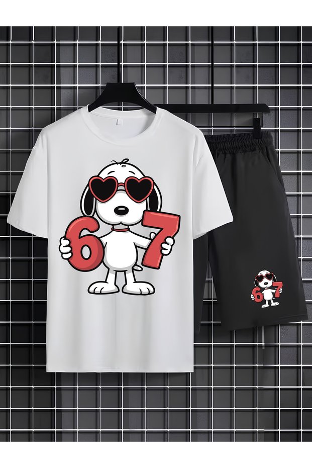 Snoopy Printed 100% Cotton Crewneck Children's T-Shirt-Shorts Two-Piece Set