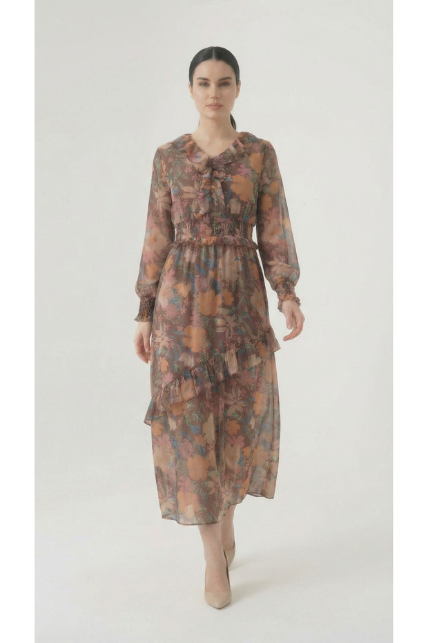Apsen Women's Brown Chiffon Floral Patterned Hijab Dress with Ruffle Collar and Skirt Detail 4521-135
