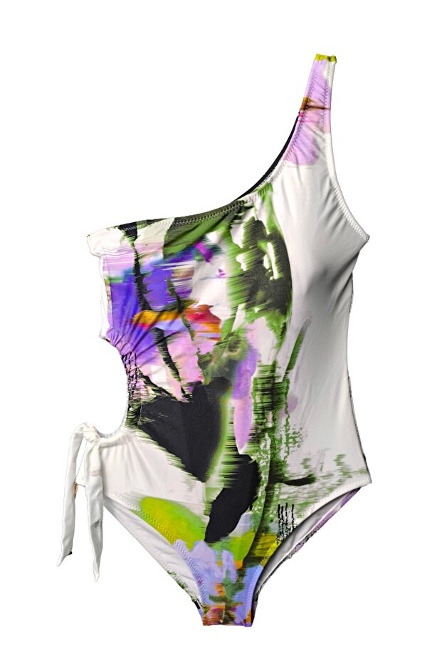 Abstract Art Asymmetrical Cut Side Tie Girls' Swimsuit
