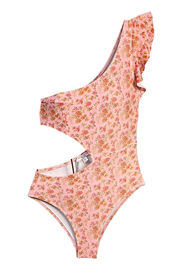 Romantic Floral Figured Asymmetrical Cut-Out Girls' Swimsuit