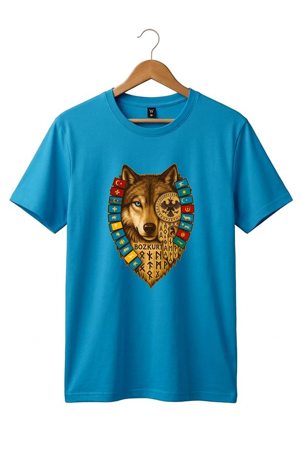 Bozkurt Göktürk Alphabet and Flags of Turkish States Printed 100% Cotton Regular Fit T-Shirt