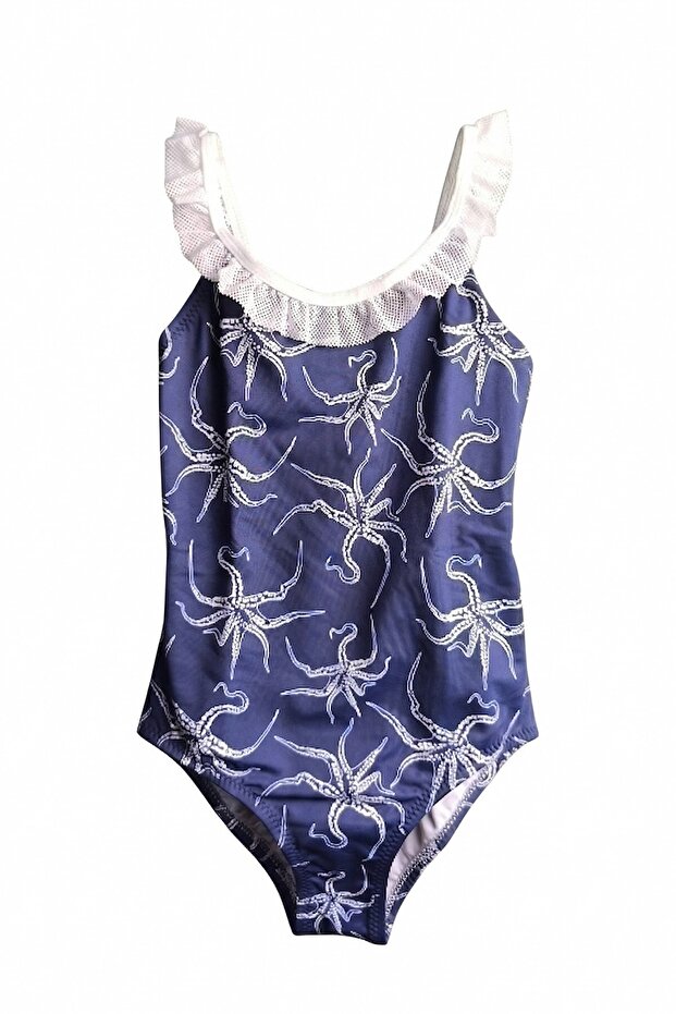 White Octopus Patterned Girls' Swimsuit with Mesh Detail