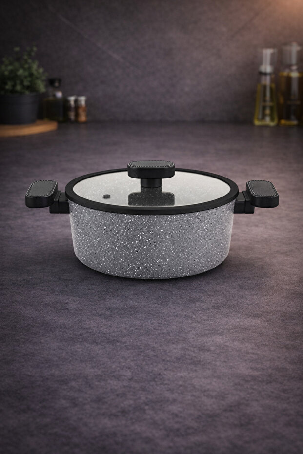 Valeria 20 cm Granite Deep Pot with Silicone Edged Glass Lid - Gray