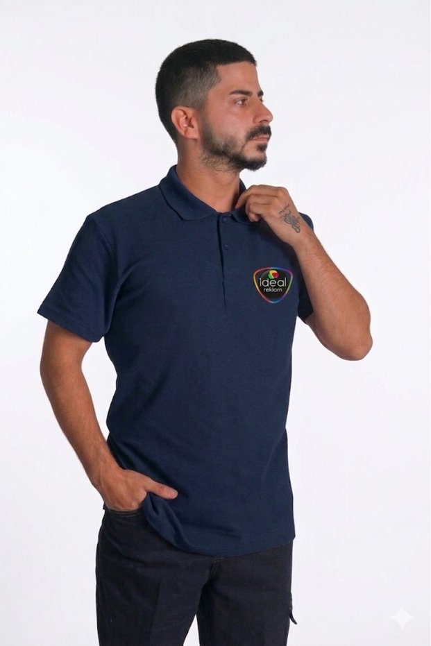 Company-Specific Printed Open-End Polo Collar T-Shirt Navy Blue