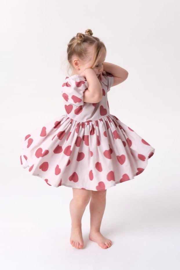 Heart Patterned Balloon Sleeve Detailed Girls' Dress