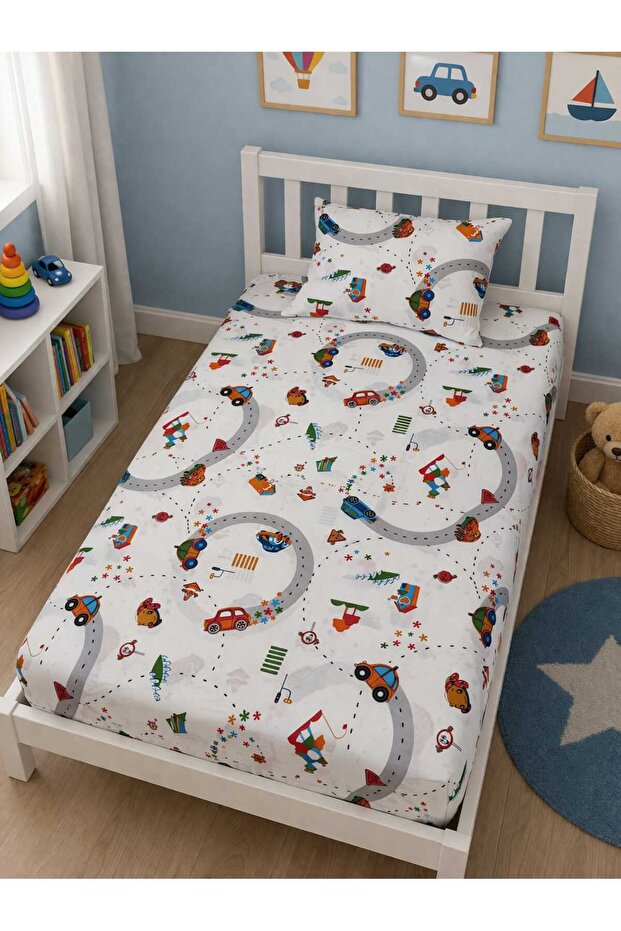 Children's Elastic Sheet and Pillowcase 90X190 Montessori Traffic Car Pattern (100% Cotton)
