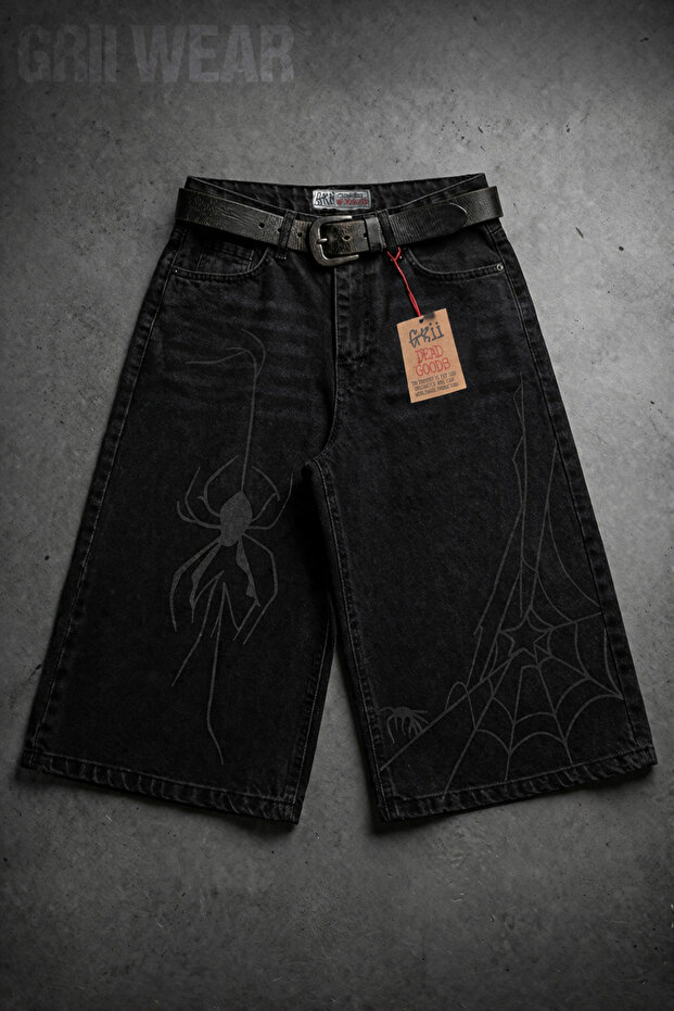 Unisex Black Washed Oversize Spider Printed Capri Jeans