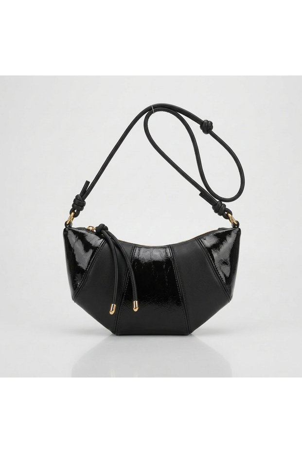 Women's Black Color Wrinkled Leather Detailed Croissant Model Women's Sleeve and Shoulder Bag
