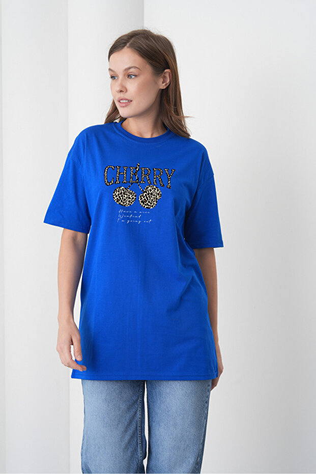 Leopard Patterned Cherry Printed Cotton Combed Saks Blue T-Shirt
