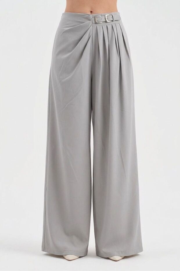 Women's Leather Buckle Detailed Front Pleated Design Wide Leg Trousers