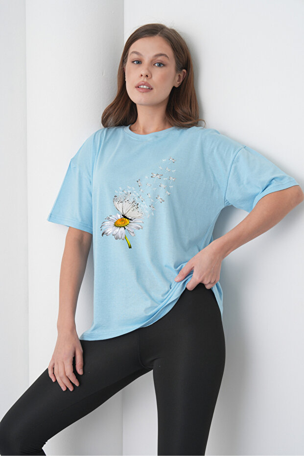 White Daisy Printed Women's Cotton Combed Blue T-Shirt