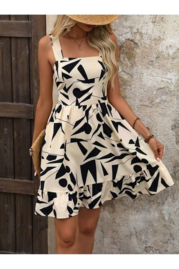Women's Square Neck Strappy Patterned Flared Dress