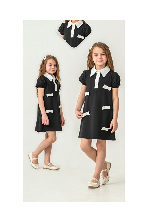 Girls' Bow Collar Detailed Woven Dress