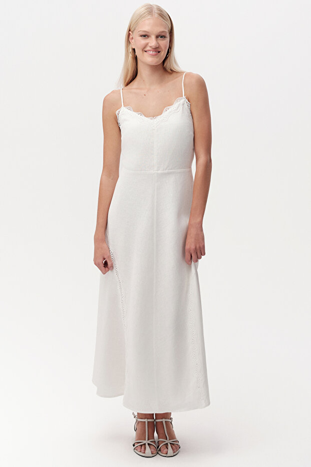 Strappy Lace Linen Regular White Midi Dress