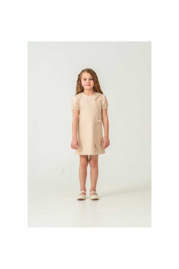 Woven Dress with Small Bow Decoration for Girls