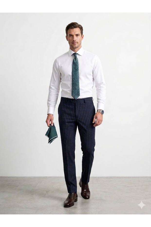 Men's Dark Navy Blue Self-Stripe Slim Fit Classic Fabric Pants