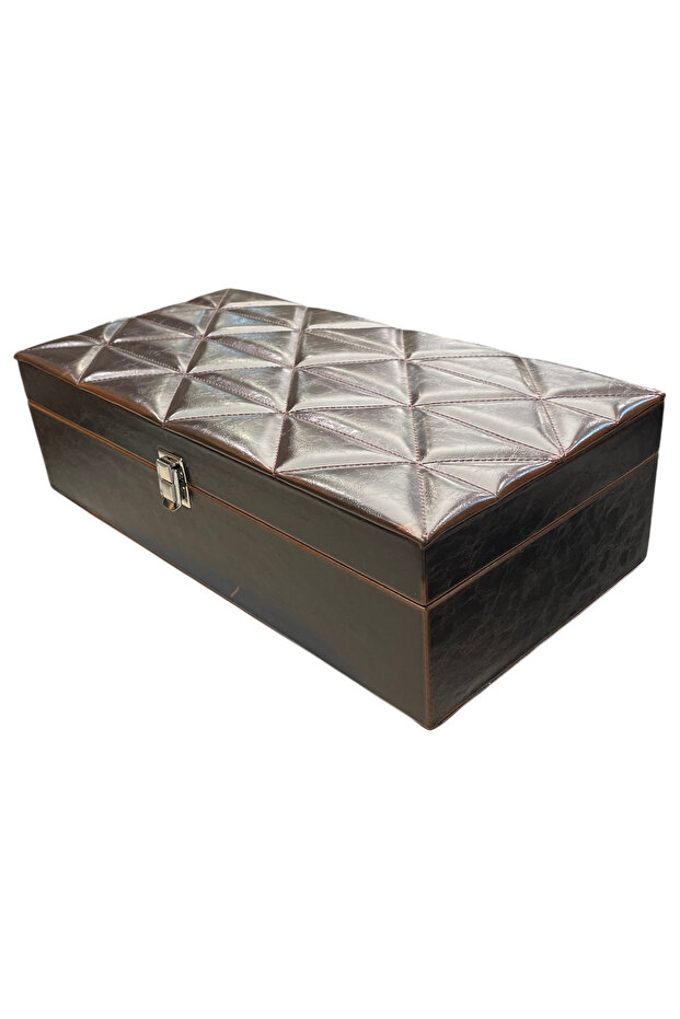 Watch Box 12-Piece Premium Pull-Up Leather - Dark Brown with Geometric Pattern