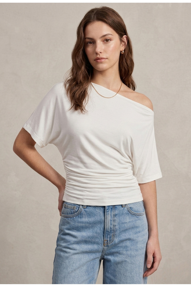 Women's White Off-Shoulder Boat Neck Side Gathered Short Sleeve Viscose Elastane Blouse