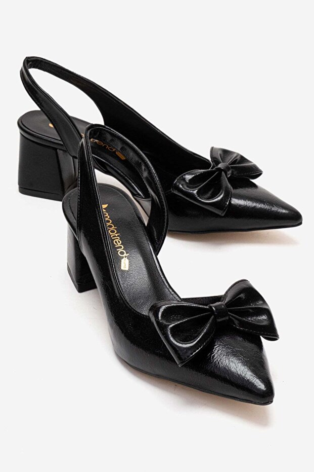 Women's Bow-Tie Side and Open-Back Heeled Sandals Black Wrinkled