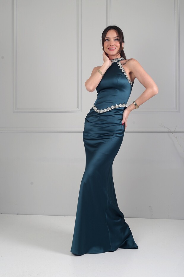 Women's Halter Neck Lined Long Satin Dress with Stone Detail