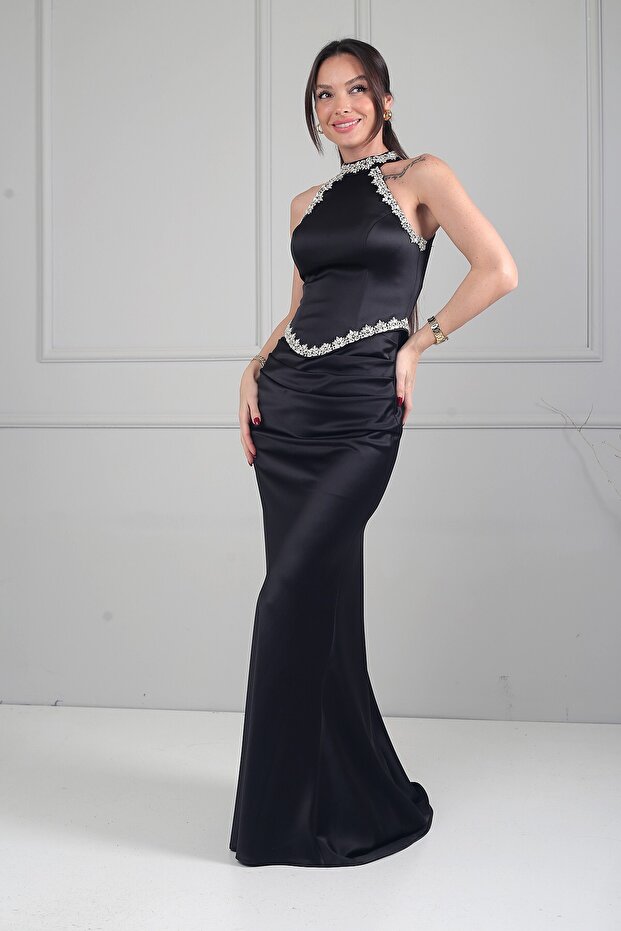 Women's Halter Neck Lined Long Satin Dress with Stone Detail