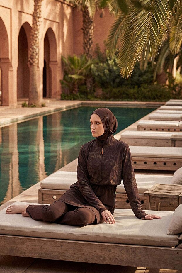 مجموعة فاها كوليكشن من الملابس الداخلية النسائية المحجبة بالكامل ذات اللون البني المزخرف، 5 قطع، 6024