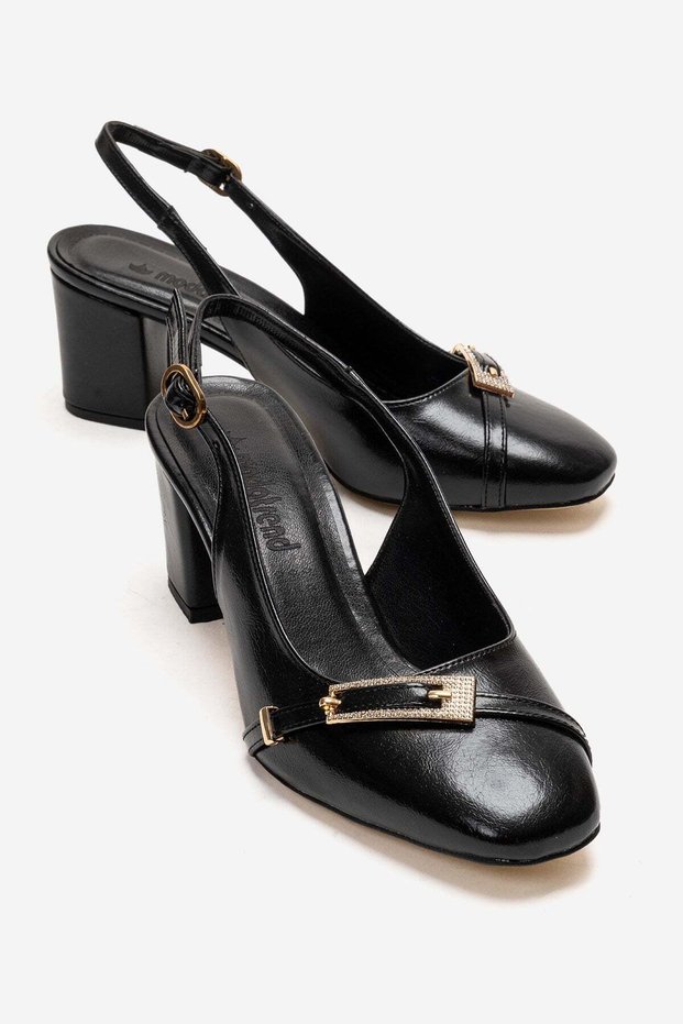 Women's Buckle Open-Back Stiletto Heeled Sandals Black Wrinkled