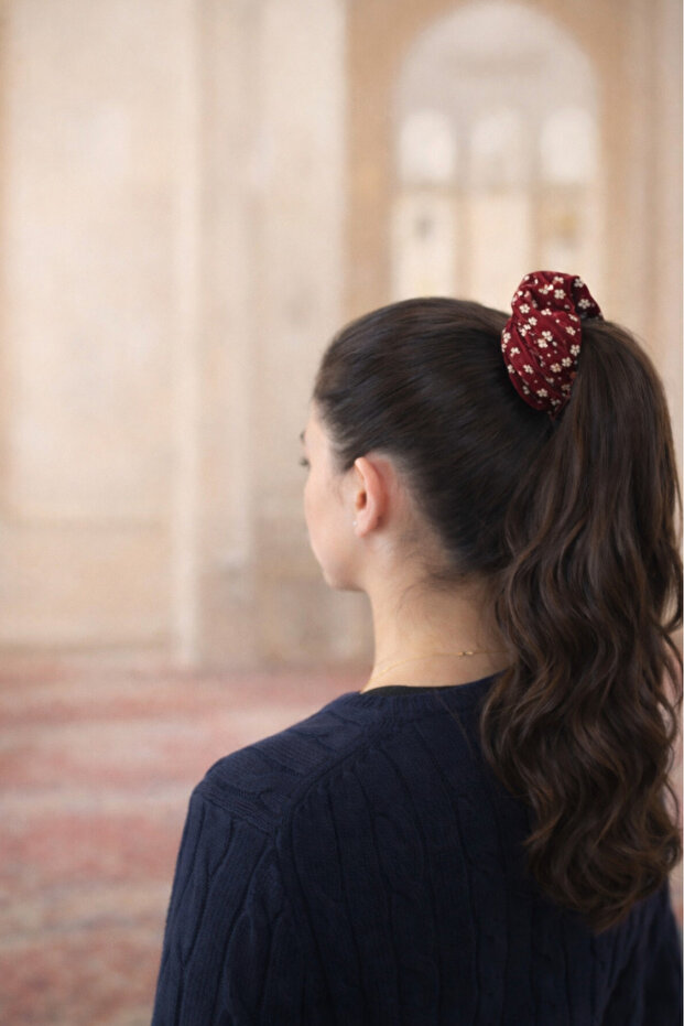 Burgundy Floral Patterned Fabric Elastic Hair Tie - Stylish Bun and Ponytail Holder