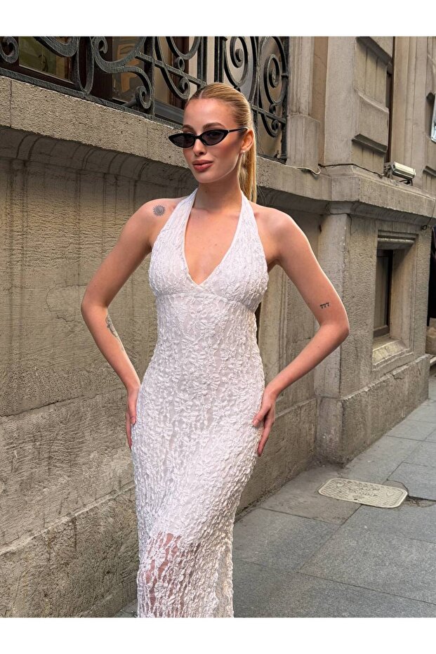 Halter Neck Lace Detailed Long Evening Dress