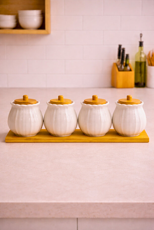 4-Piece Porcelain Spice Jar Set with Bamboo Stands and Vacuum Lids, Spice Storage Jar Set 250 ml
