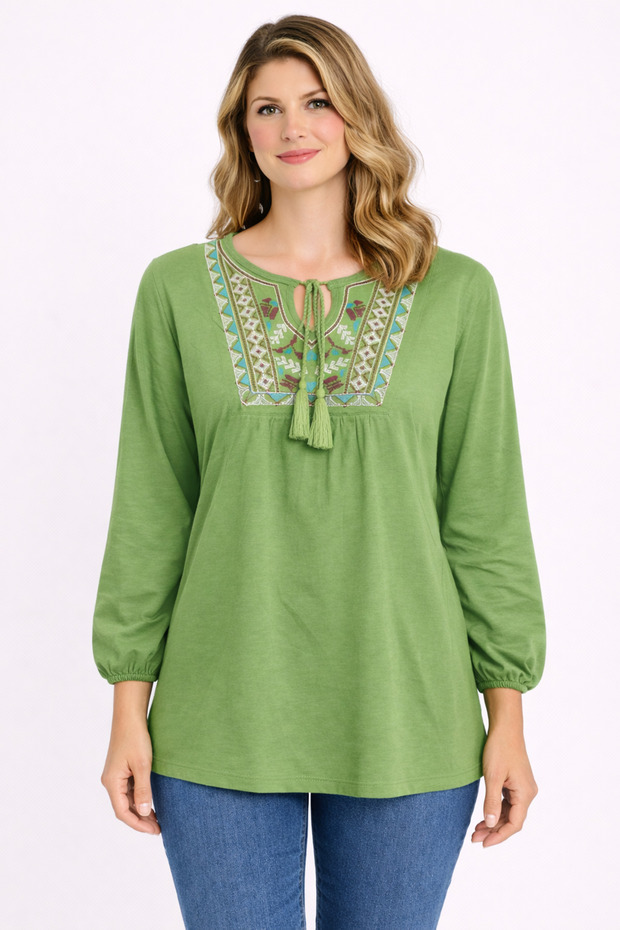 Women's Plus Size Green, Embroidery Detailed, Elasticated Sleeve Opening Cotton Fabric Blouse 65N39328