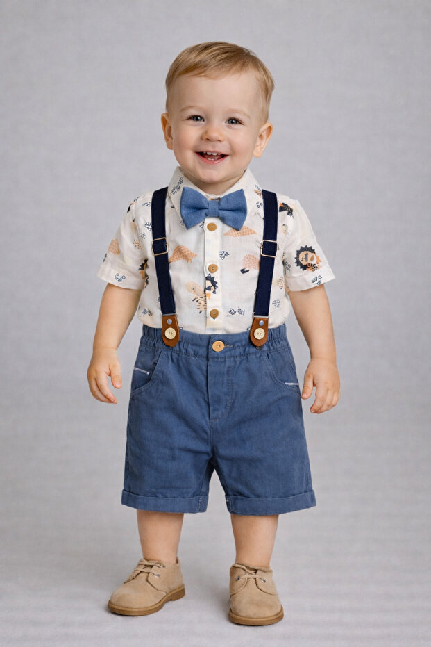 Baby Boy Stylish 3-Piece Set with Straps, Bow Tie, and Shorts