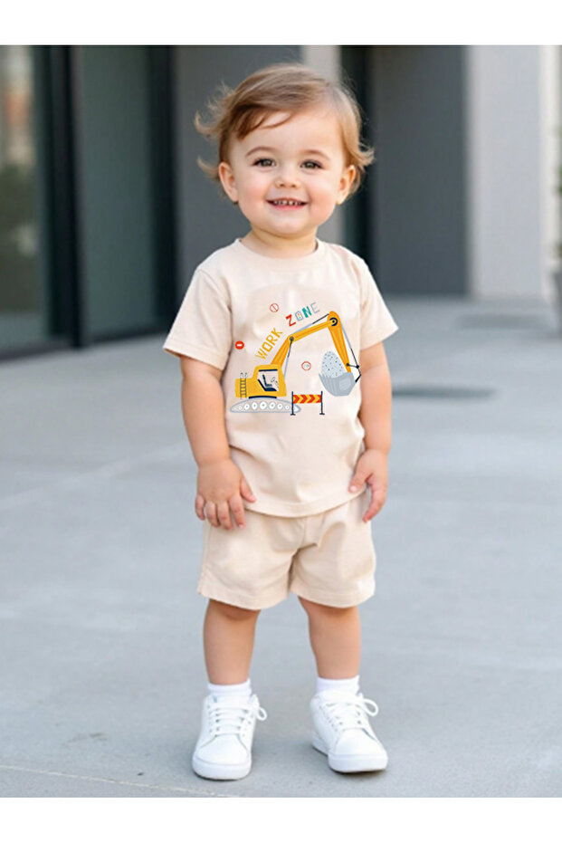 Boy's T-Shirt Shorts Set Beige Kepçe