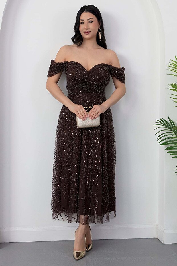 Strpalez Collar Beaded Midi Dress Ecr5826