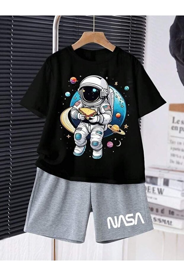 Summer Nasa Printed Boys' Shorts Set Black T-Shirt and Bottom Gray