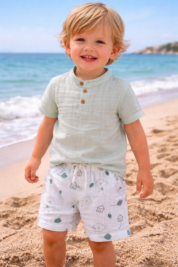Boy's Muslin Set Green Shirt Small Pattern Shorts 1-4 Years