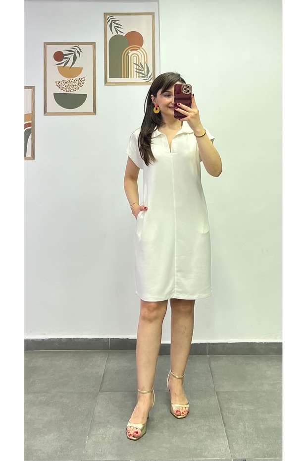 Polo Collar Modal Fabric Dress with Grass Stitching on the Front and Pocket Detail