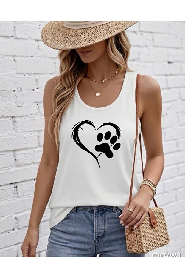 Women's Round Neck T-Shirt with Heart Paw Print