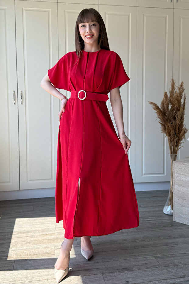 Belted, Draped Bust, Slit Midi Elegant Red Dress