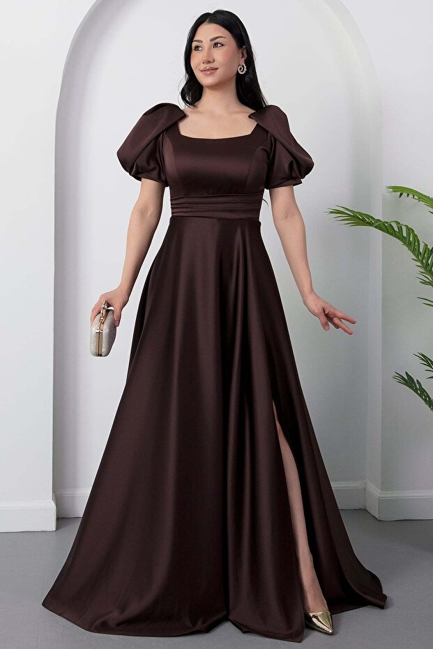 Square Neck Flounce Sleeve Long Satin Dress Drp570