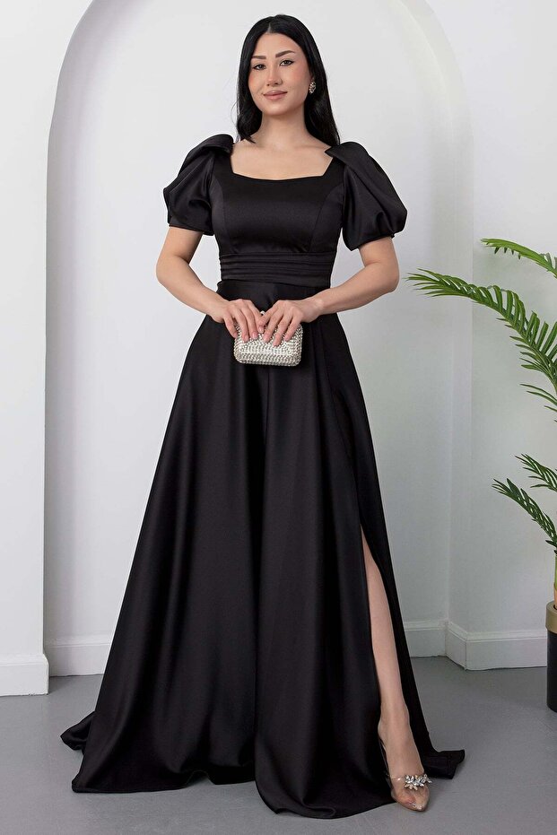 Square Neck Flounce Sleeve Long Satin Dress Drp570