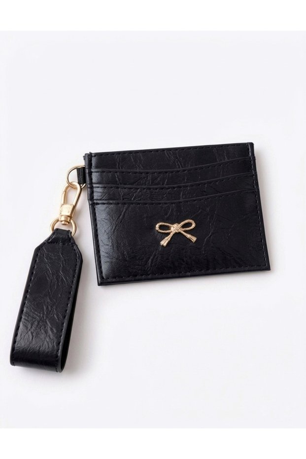 Women's Shiny Card Holder with Bowknot Buckle and Compartments - Black