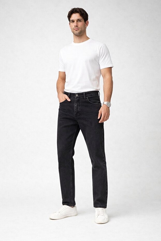 Men's Stonewashed Black Boyfriend Jean Trousers Comfortable Fit Casual Denim