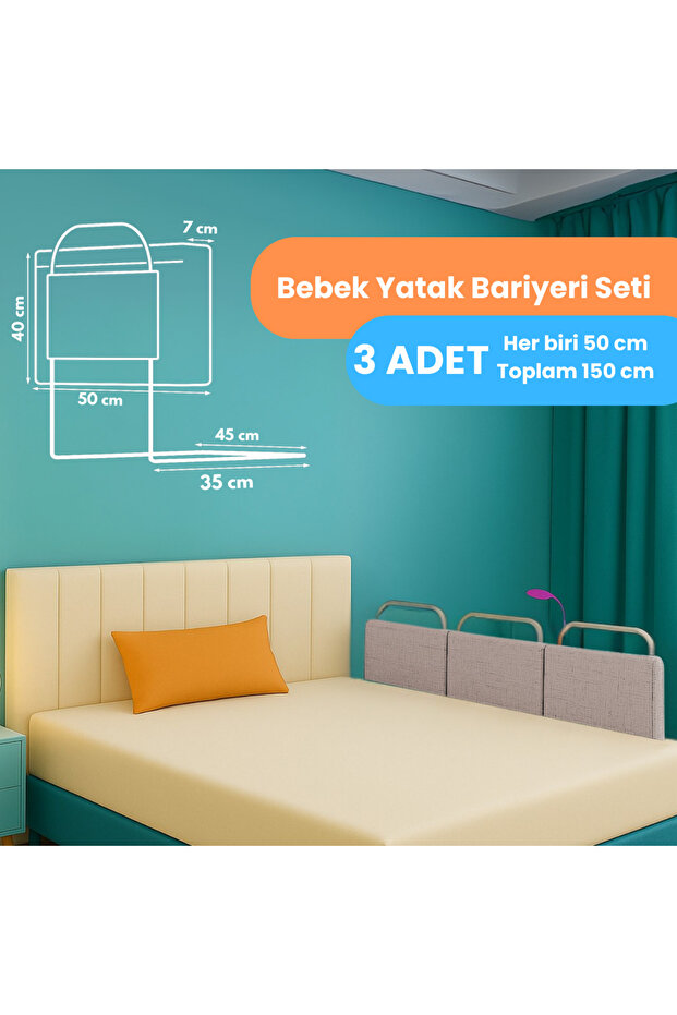 New Generation Bed Barrier 50 X 40 cm Beige (3 Pieces) - with Wire Mesh