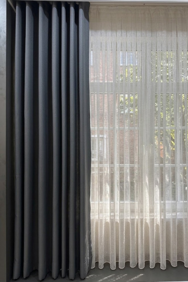 Striped Linen Tulle Curtain Without Seams, Off-White Skirted Tulle Curtain Without Leads, No Ironing Required