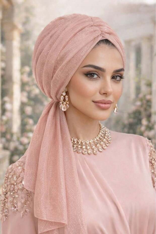 فستان سهرة ناعم ولامع مع غطاء رأس مزود بإبزيم